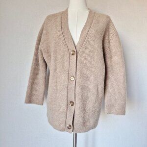 Quince 100% Cashmere Ribbed Knit Fisherman Short Cardigan Button V-Neck Brown